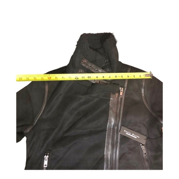 Black moto bomber‎ buckled faux shearling leather coat jacket size large new - Picture 13 of 16